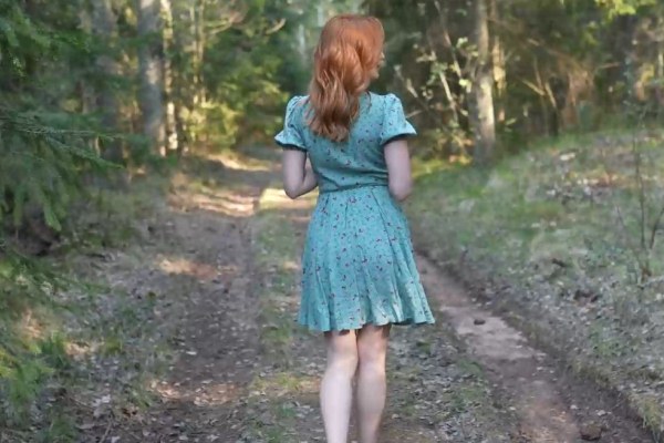 Redhead came to fuck in the forest in her favorite dress