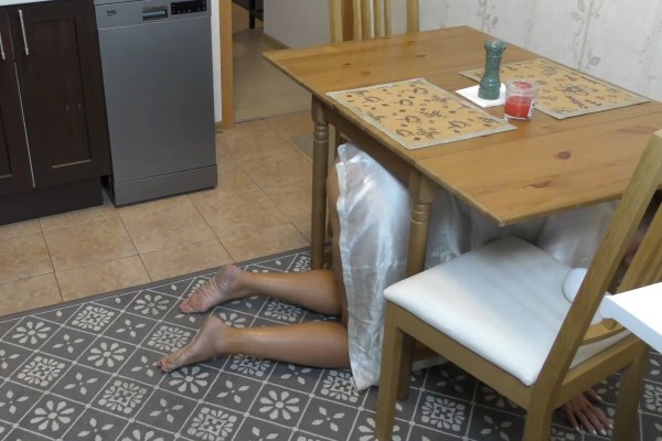 Sweet milf gets stuck under the table and gets her ass fucked